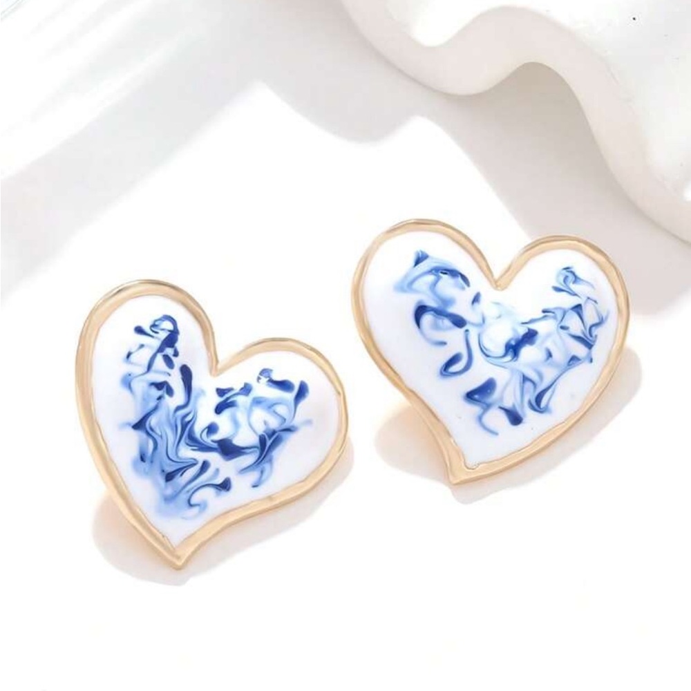 Framed in Gold Trim Oil Dripping Blue on White Porcelain Heart Earrings